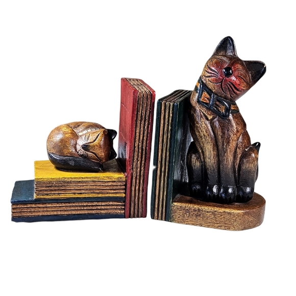 Vintage Hand Carved Heavy Wooden Cat Kitten Bookend Set From Thailand MCM - Picture 1 of 12